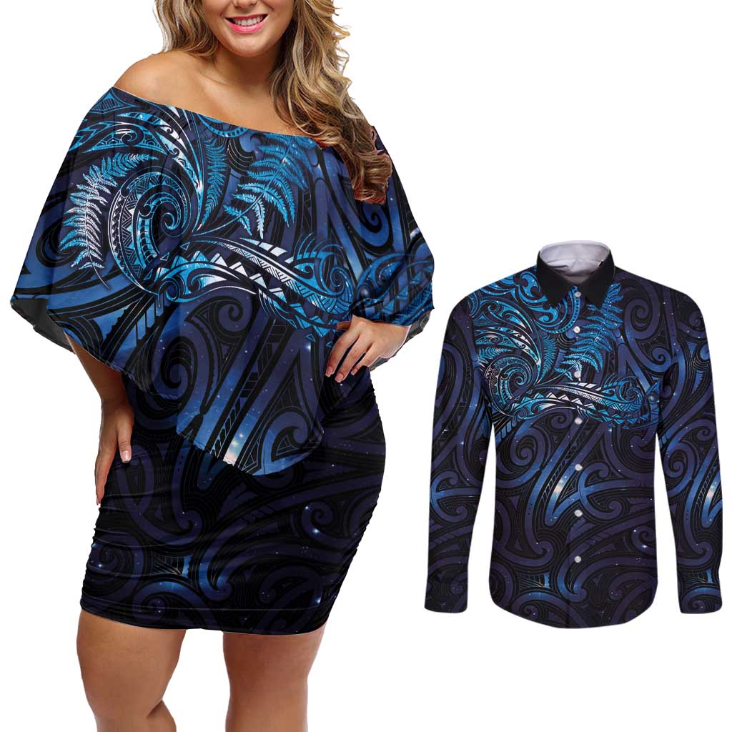 New Zealand New Year-Matariki Couples Matching Off Shoulder Short Dress and Long Sleeve Button Shirt Aotearoa Maori Tattoo Galaxy Sky LT03 Multicolor - Polynesian Pride