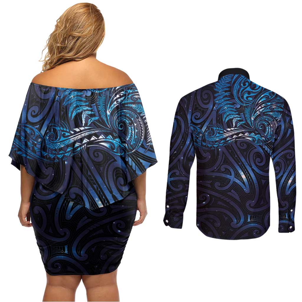 New Zealand New Year-Matariki Couples Matching Off Shoulder Short Dress and Long Sleeve Button Shirt Aotearoa Maori Tattoo Galaxy Sky LT03 - Polynesian Pride