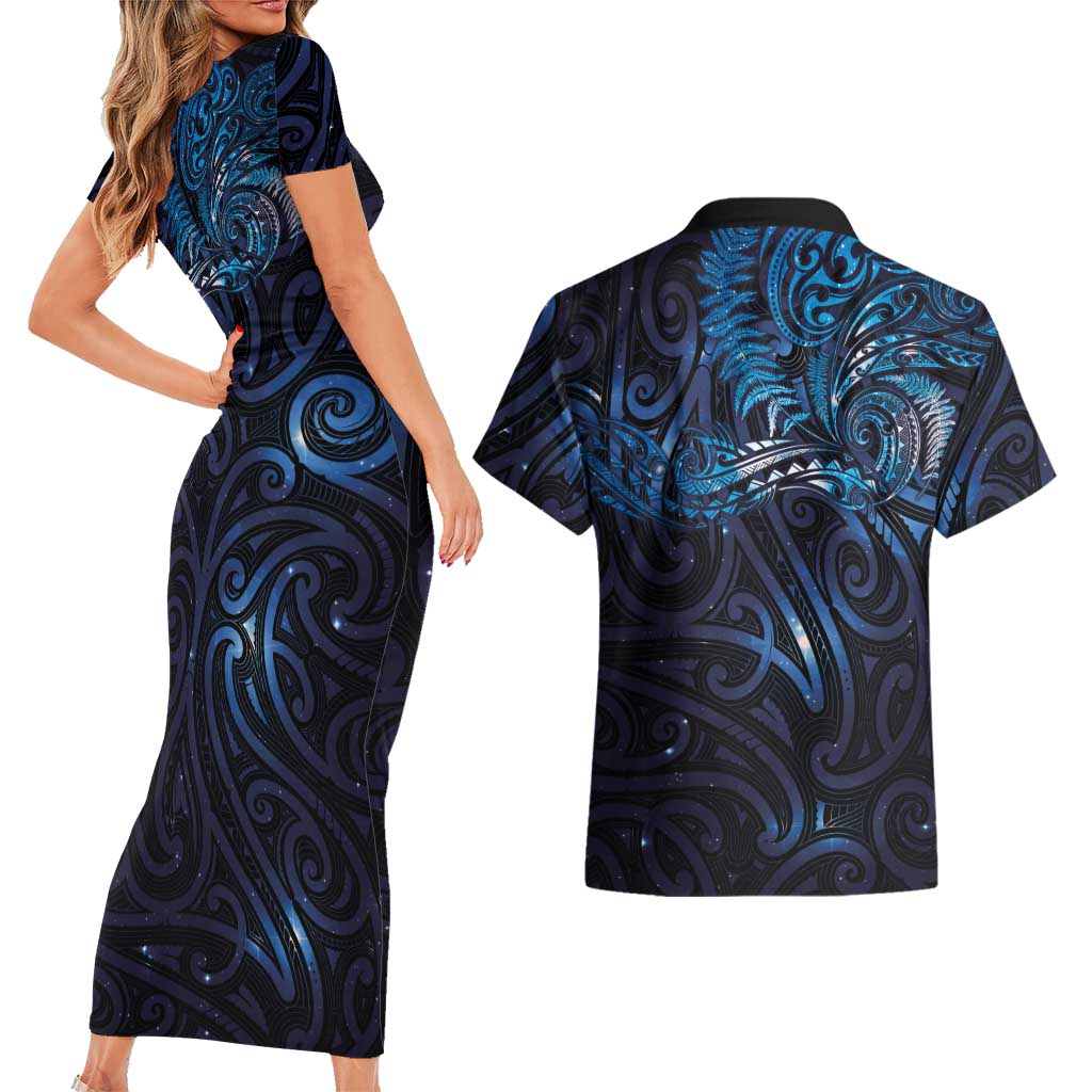 New Zealand New Year-Matariki Couples Matching Short Sleeve Bodycon Dress and Hawaiian Shirt Aotearoa Maori Tattoo Galaxy Sky LT03 - Polynesian Pride