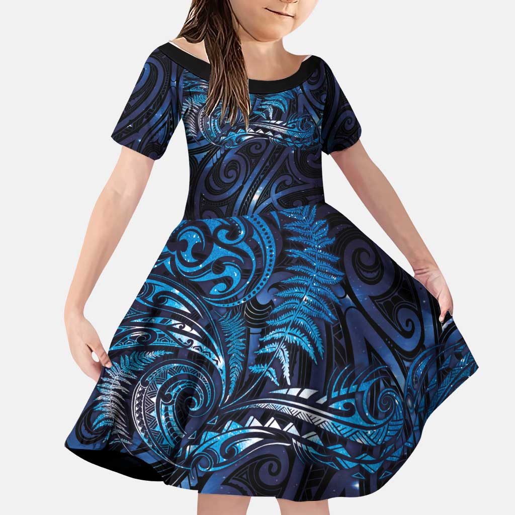 New Zealand New Year-Matariki Family Matching Off Shoulder Maxi Dress and Hawaiian Shirt Aotearoa Maori Tattoo Galaxy Sky LT03 Daughter's Dress Multicolor - Polynesian Pride