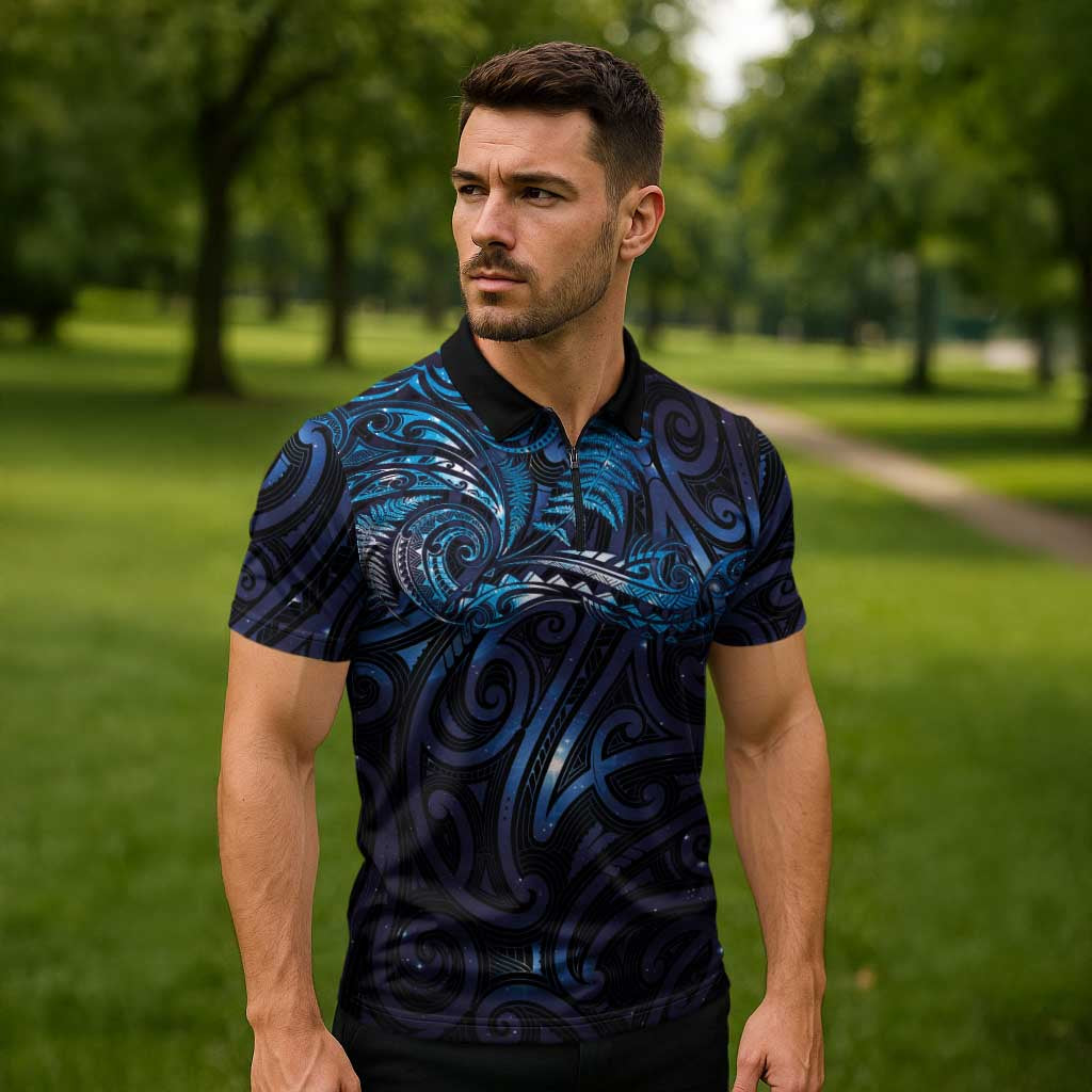 New Zealand New Year-Matariki Zipper Polo Shirt Aotearoa Maori Tattoo Galaxy Sky