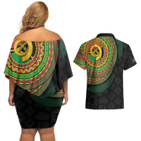 Vanuatu Tribal Tattoo with Namele Leaves Couples Matching Off Shoulder Short Dress and Hawaiian Shirt