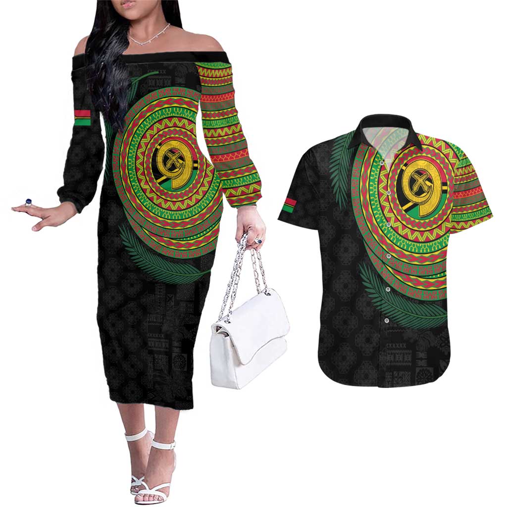 Vanuatu Tribal Tattoo with Namele Leaves Couples Matching Off The Shoulder Long Sleeve Dress and Hawaiian Shirt