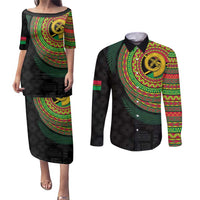 Vanuatu Tribal Tattoo with Namele Leaves Couples Matching Puletasi and Long Sleeve Button Shirt