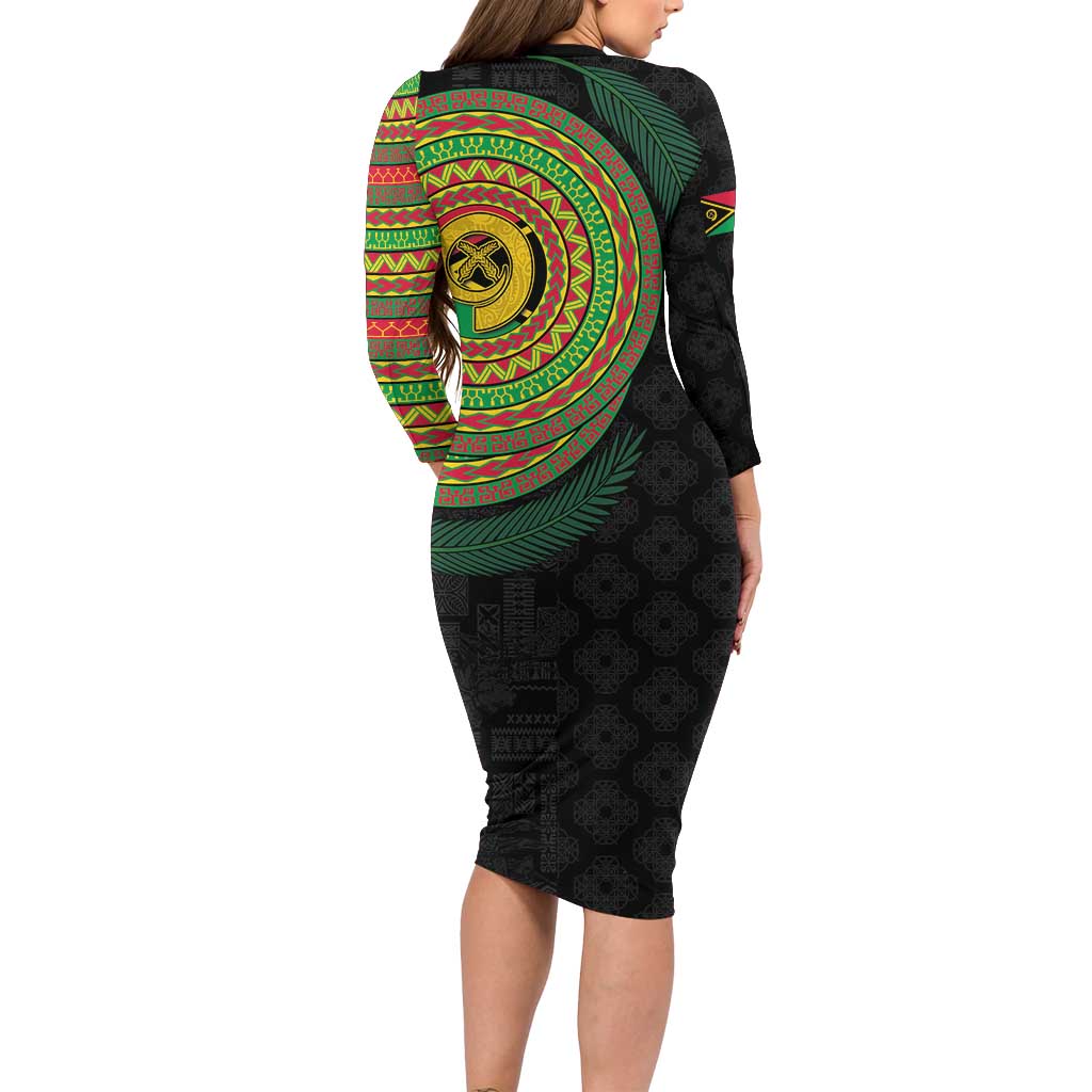 Vanuatu Tribal Tattoo with Namele Leaves Family Matching Long Sleeve Bodycon Dress and Hawaiian Shirt LT03 - Polynesian Pride