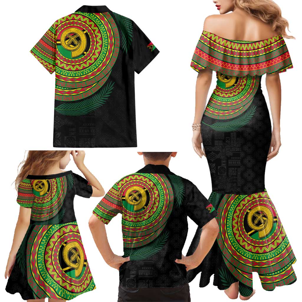 Vanuatu Tribal Tattoo with Namele Leaves Family Matching Mermaid Dress and Hawaiian Shirt LT03 - Polynesian Pride