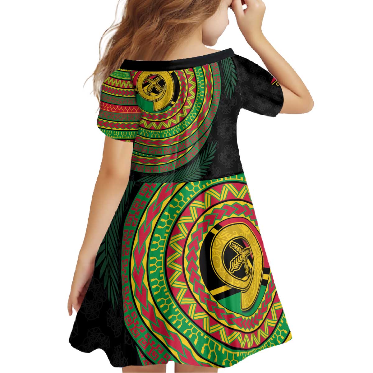 Vanuatu Tribal Tattoo with Namele Leaves Family Matching Off The Shoulder Long Sleeve Dress and Hawaiian Shirt