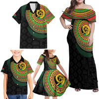 Vanuatu Tribal Tattoo with Namele Leaves Family Matching Off Shoulder Maxi Dress and Hawaiian Shirt