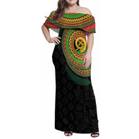 Vanuatu Tribal Tattoo with Namele Leaves Family Matching Off Shoulder Maxi Dress and Hawaiian Shirt