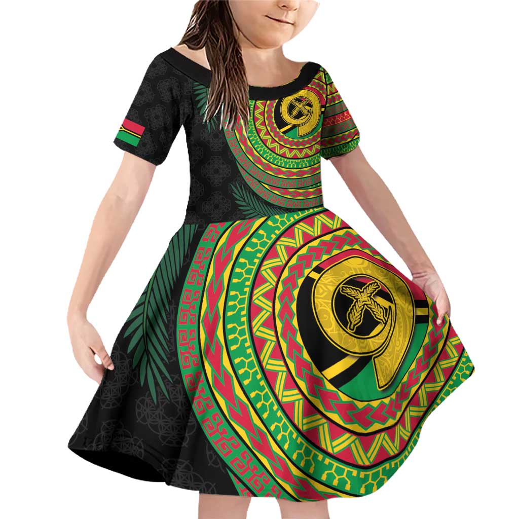 Vanuatu Tribal Tattoo with Namele Leaves Family Matching Off Shoulder Short Dress and Hawaiian Shirt LT03 Daughter's Dress Black - Polynesian Pride