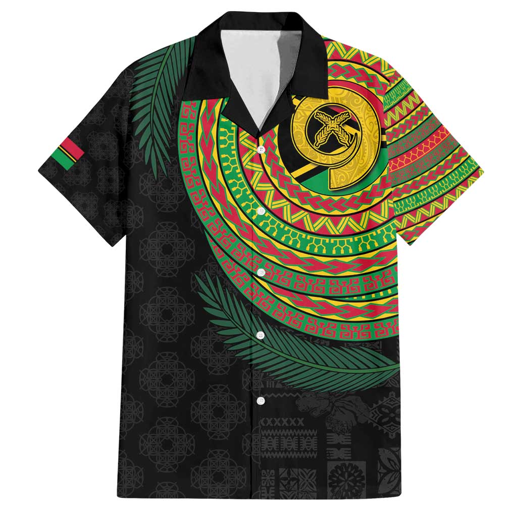 Vanuatu Tribal Tattoo with Namele Leaves Family Matching Off Shoulder Short Dress and Hawaiian Shirt LT03 Dad's Shirt - Short Sleeve Black - Polynesian Pride