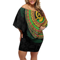 Vanuatu Tribal Tattoo with Namele Leaves Family Matching Off Shoulder Short Dress and Hawaiian Shirt LT03 Mom's Dress Black - Polynesian Pride