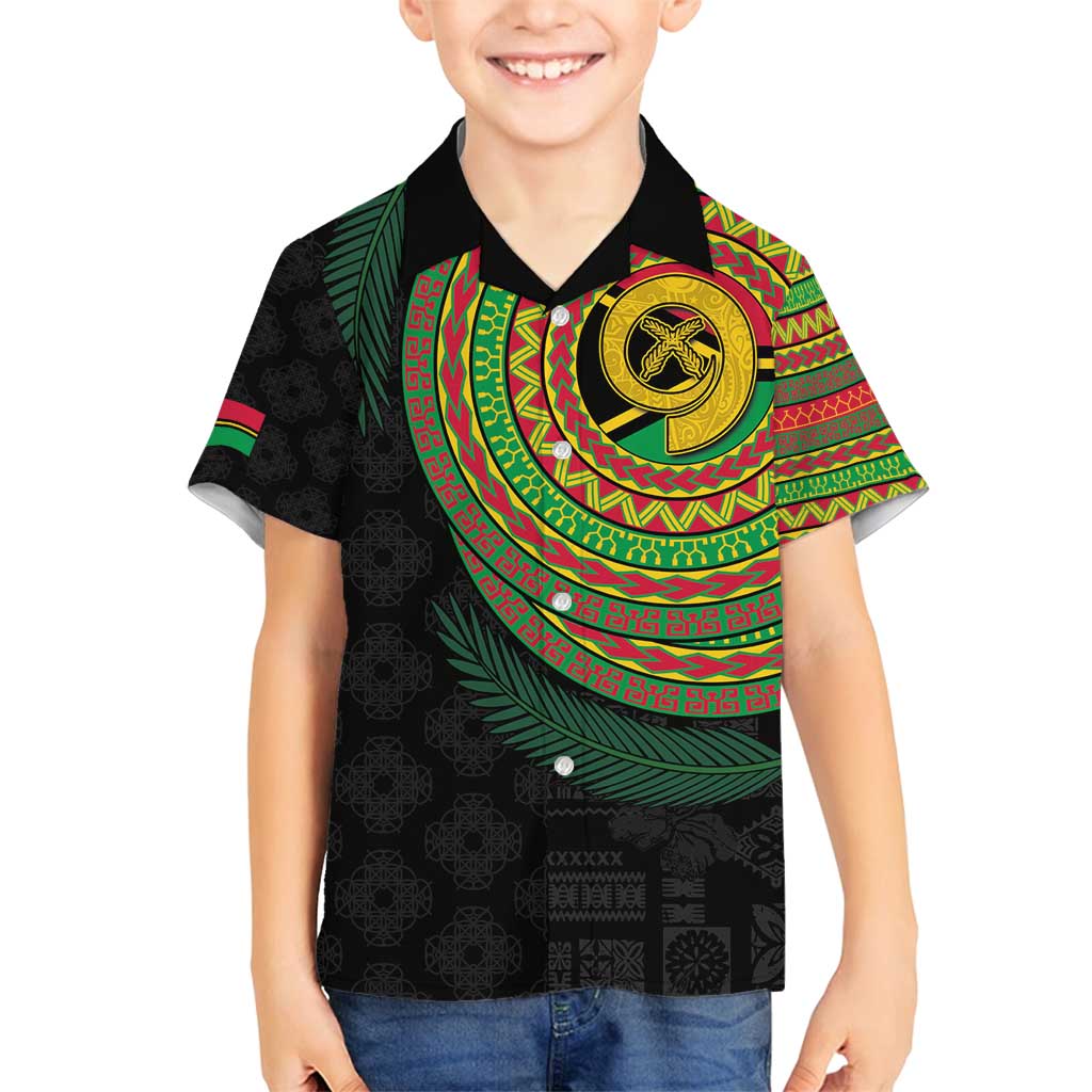 Vanuatu Tribal Tattoo with Namele Leaves Family Matching Off Shoulder Short Dress and Hawaiian Shirt LT03 Son's Shirt Black - Polynesian Pride