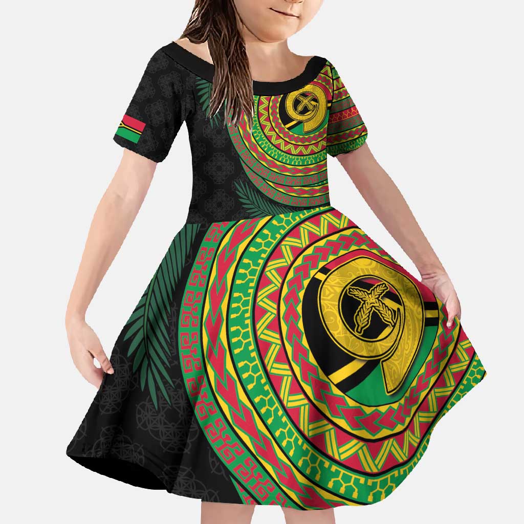 Vanuatu Tribal Tattoo with Namele Leaves Family Matching Short Sleeve Bodycon Dress and Hawaiian Shirt LT03 Daughter's Dress Black - Polynesian Pride