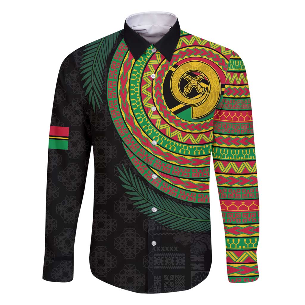 Vanuatu Tribal Tattoo with Namele Leaves Family Matching Short Sleeve Bodycon Dress and Hawaiian Shirt LT03 Dad's Shirt - Long Sleeve Black - Polynesian Pride