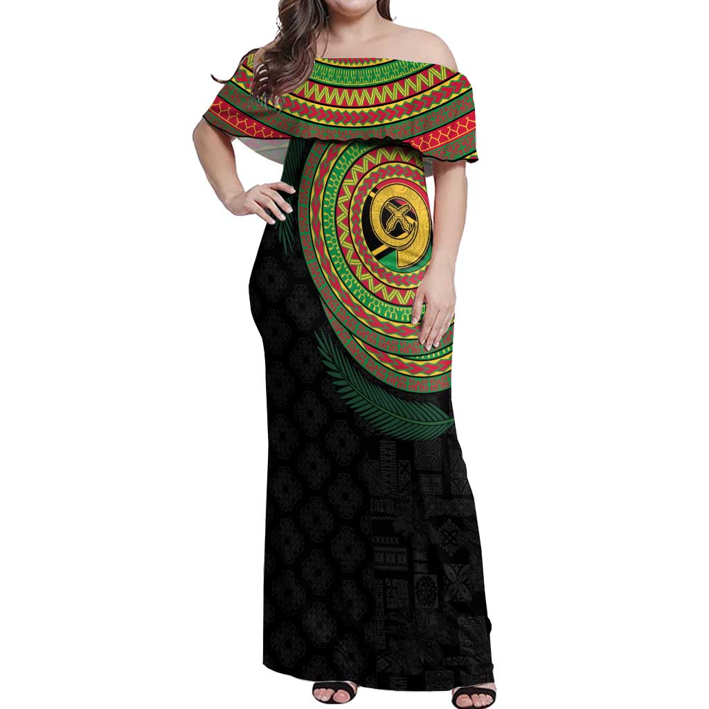 Vanuatu Tribal Tattoo with Namele Leaves Off Shoulder Maxi Dress