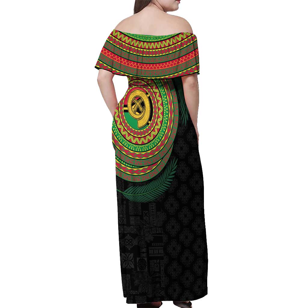 Vanuatu Tribal Tattoo with Namele Leaves Off Shoulder Maxi Dress