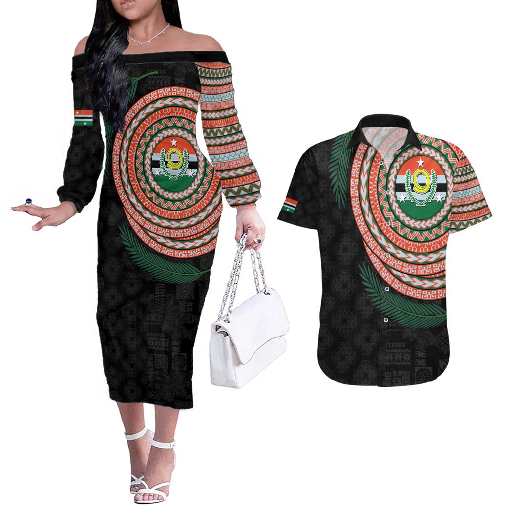 Penama Tribal Tattoo with Namele Leaves Couples Matching Off The Shoulder Long Sleeve Dress and Hawaiian Shirt LT03 Black - Polynesian Pride