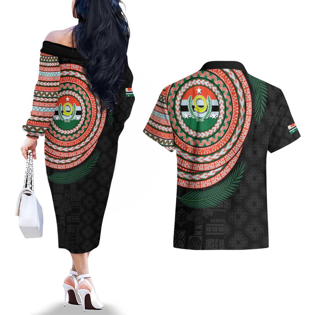 Penama Tribal Tattoo with Namele Leaves Couples Matching Off The Shoulder Long Sleeve Dress and Hawaiian Shirt LT03 - Polynesian Pride