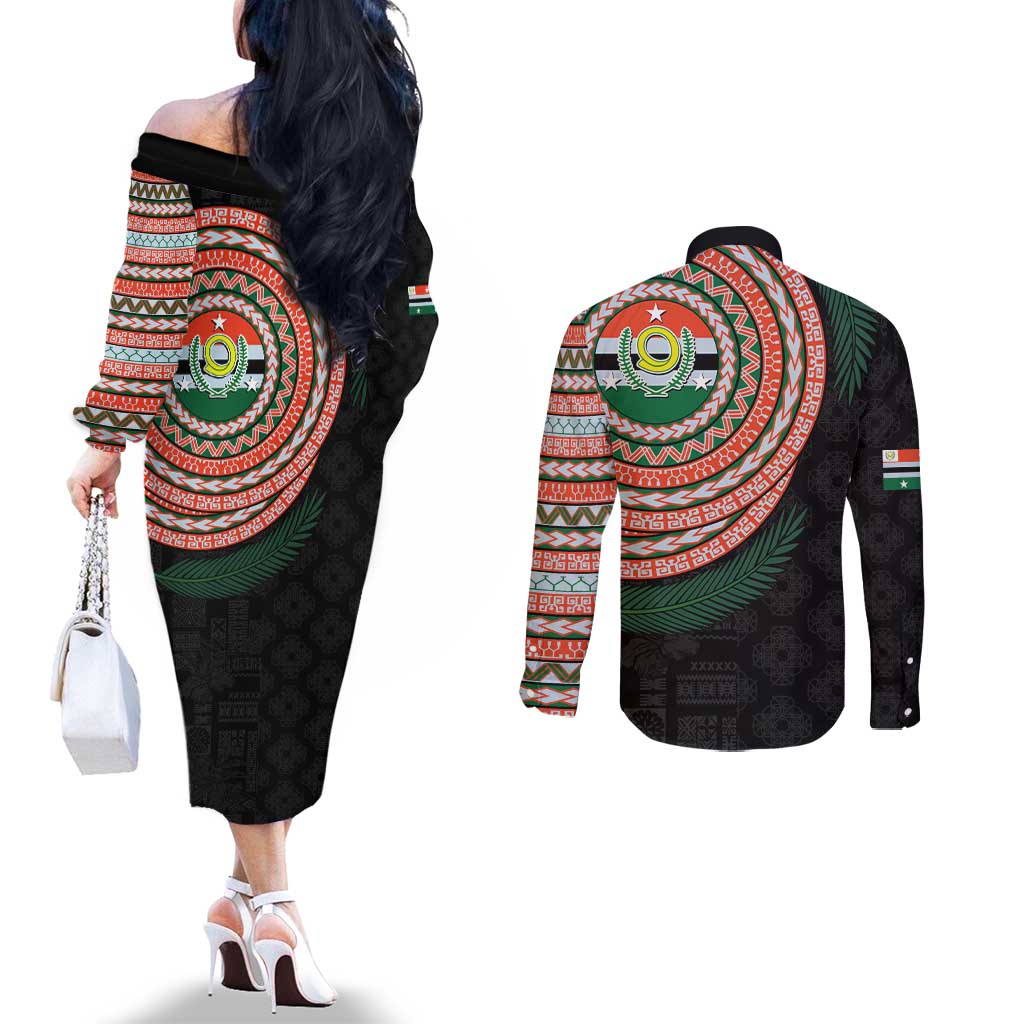 Penama Tribal Tattoo with Namele Leaves Couples Matching Off The Shoulder Long Sleeve Dress and Long Sleeve Button Shirt