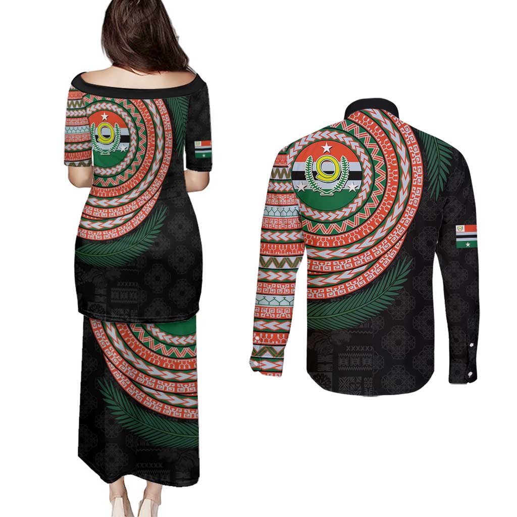 Penama Tribal Tattoo with Namele Leaves Couples Matching Puletasi and Long Sleeve Button Shirt