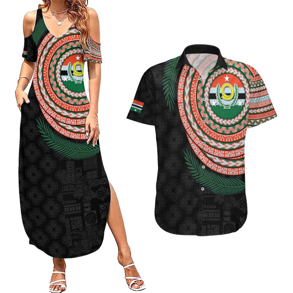 Penama Tribal Tattoo with Namele Leaves Couples Matching Summer Maxi Dress and Hawaiian Shirt LT03 Black - Polynesian Pride