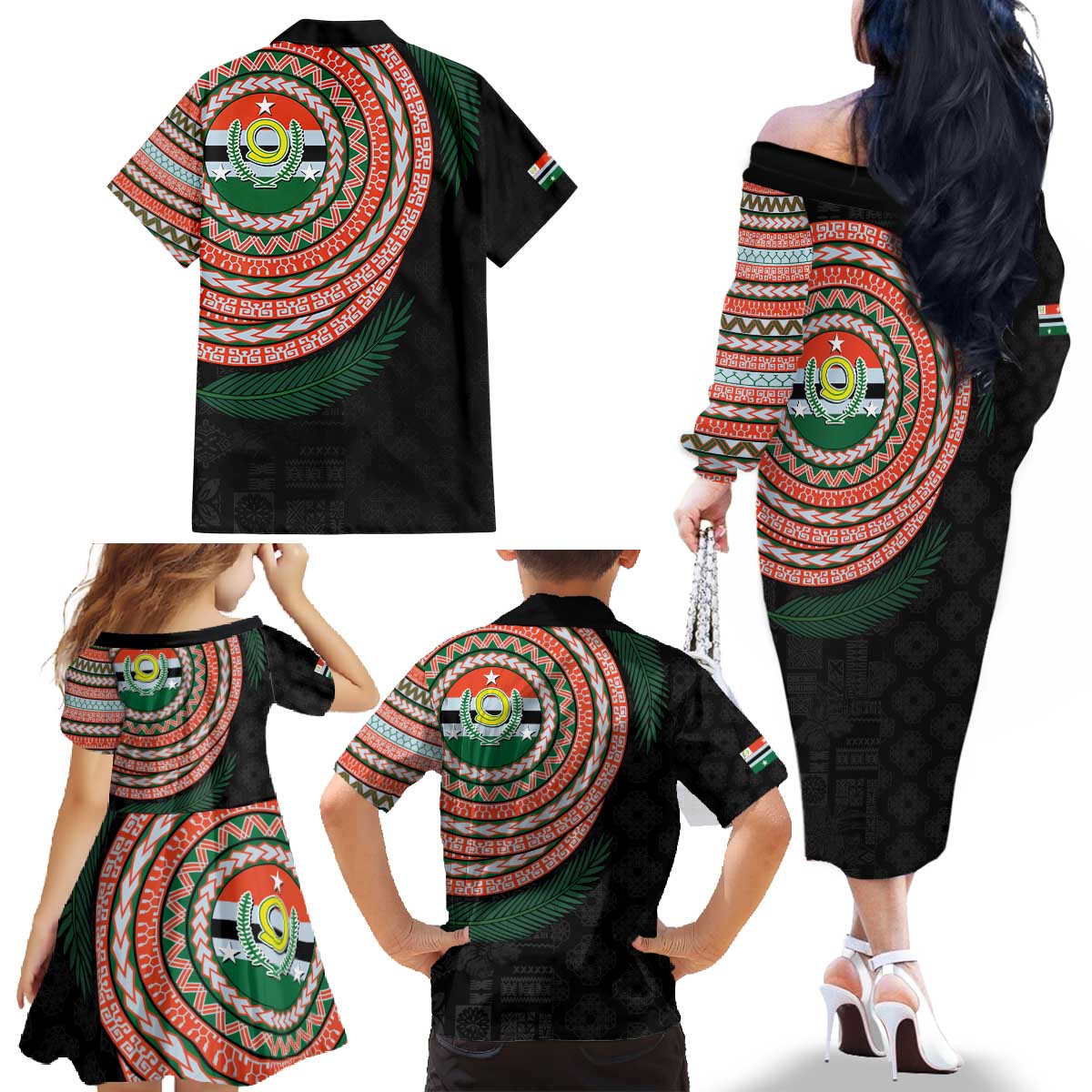 Penama Tribal Tattoo with Namele Leaves Family Matching Off The Shoulder Long Sleeve Dress and Hawaiian Shirt LT03 - Polynesian Pride