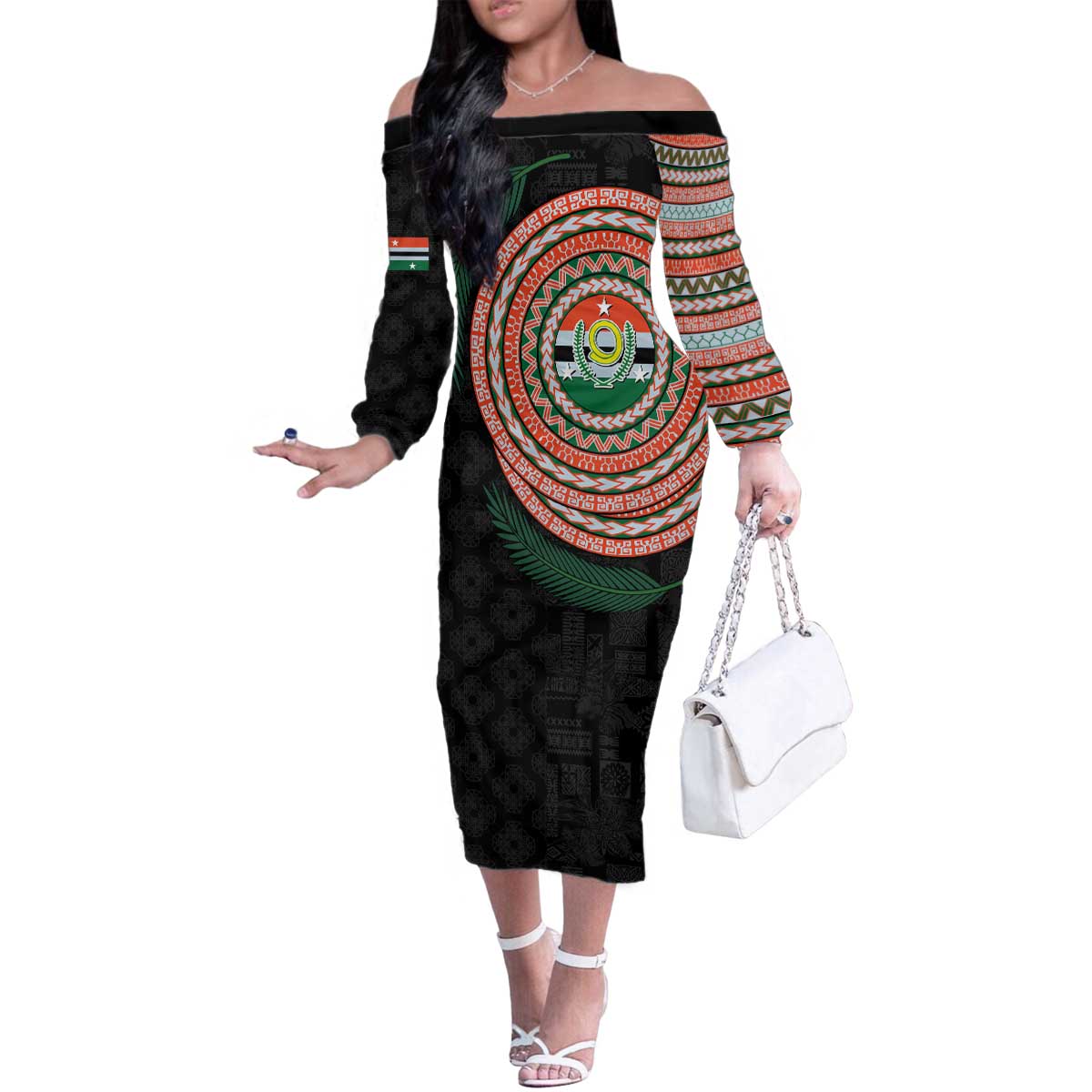 Penama Tribal Tattoo with Namele Leaves Family Matching Off The Shoulder Long Sleeve Dress and Hawaiian Shirt LT03 Mom's Dress Black - Polynesian Pride