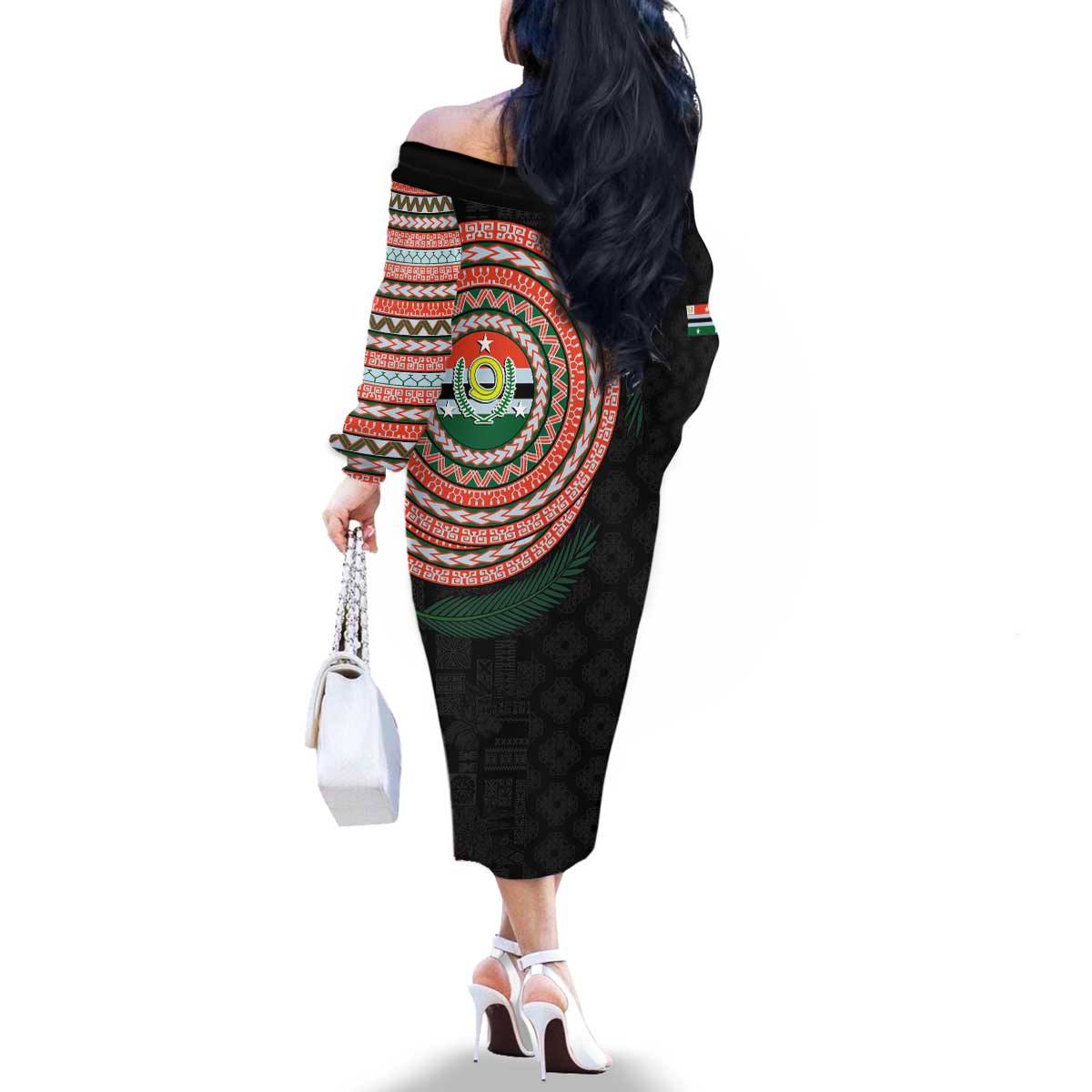 Penama Tribal Tattoo with Namele Leaves Family Matching Off The Shoulder Long Sleeve Dress and Hawaiian Shirt LT03 - Polynesian Pride