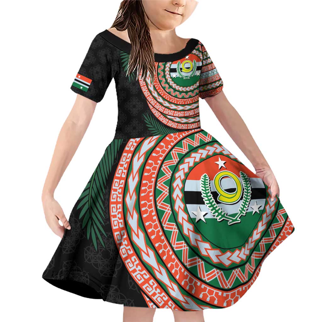 Penama Tribal Tattoo with Namele Leaves Family Matching Off Shoulder Short Dress and Hawaiian Shirt LT03 Daughter's Dress Black - Polynesian Pride