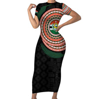 Penama Tribal Tattoo with Namele Leaves Family Matching Short Sleeve Bodycon Dress and Hawaiian Shirt LT03 Mom's Dress Black - Polynesian Pride