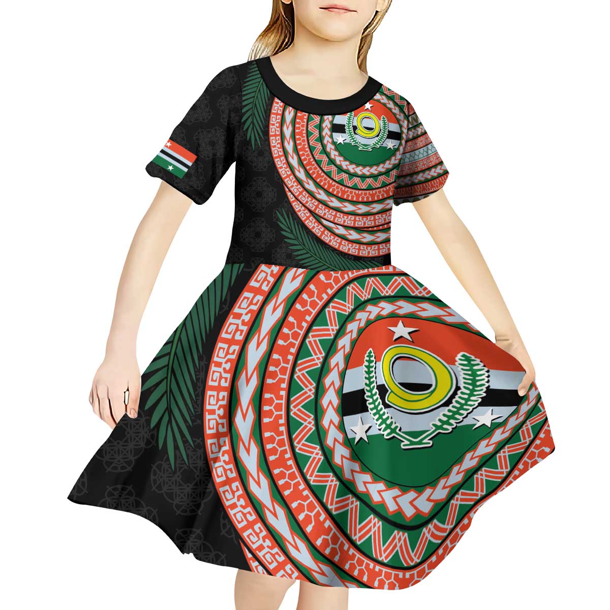 Penama Tribal Tattoo with Namele Leaves Kid Short Sleeve Dress