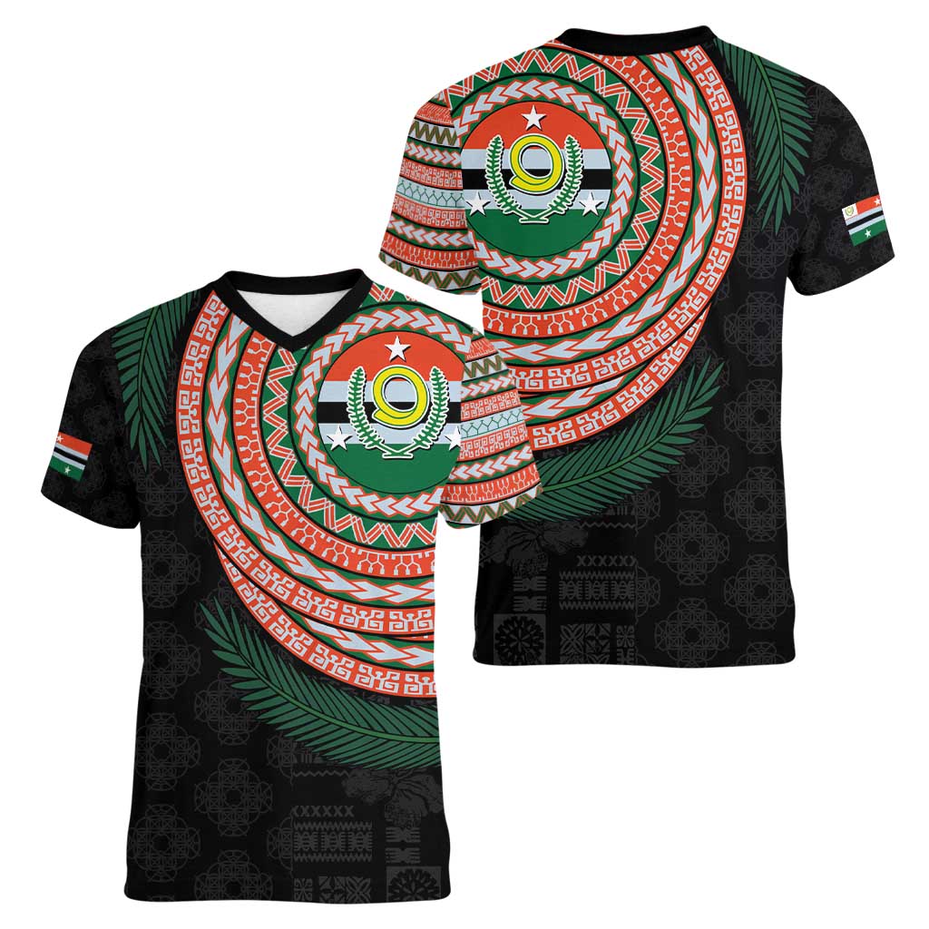 Penama Tribal Tattoo with Namele Leaves Women V-Neck T-Shirt