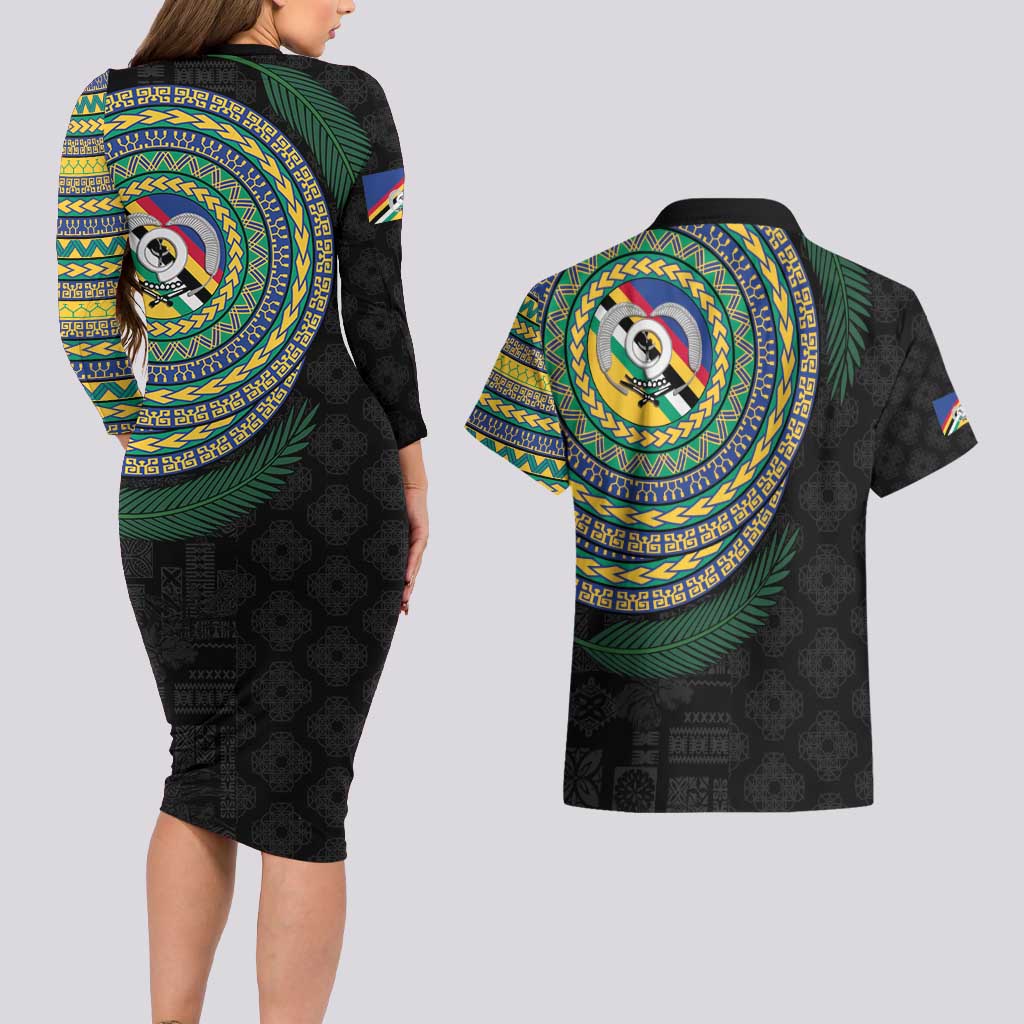 Torba Tribal Tattoo with Namele Leaves Couples Matching Long Sleeve Bodycon Dress and Hawaiian Shirt