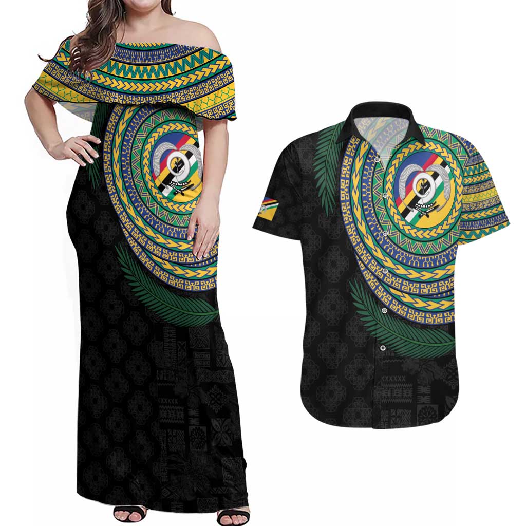 Torba Tribal Tattoo with Namele Leaves Couples Matching Off Shoulder Maxi Dress and Hawaiian Shirt