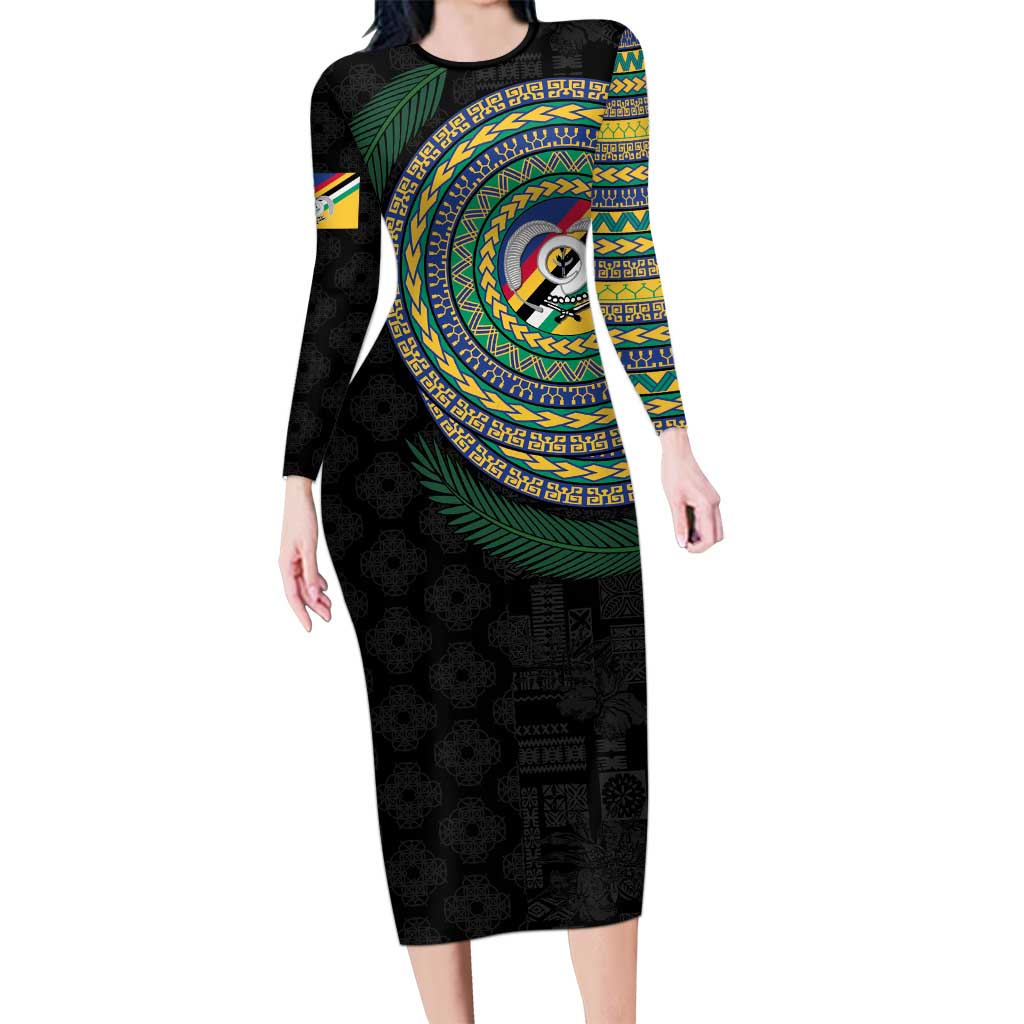 Torba Tribal Tattoo with Namele Leaves Family Matching Long Sleeve Bodycon Dress and Hawaiian Shirt LT03 Mom's Dress Black - Polynesian Pride