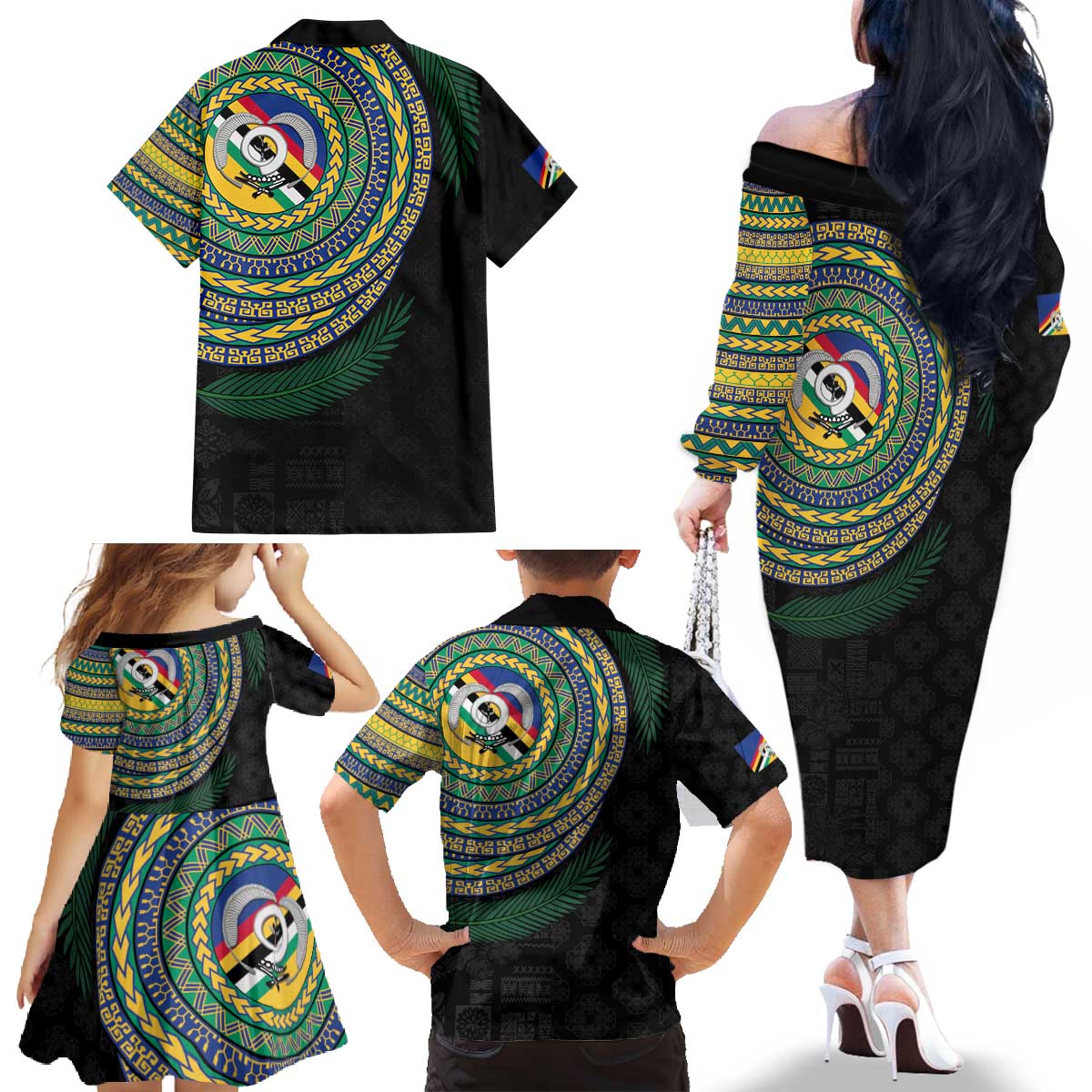Torba Tribal Tattoo with Namele Leaves Family Matching Off The Shoulder Long Sleeve Dress and Hawaiian Shirt LT03 - Polynesian Pride