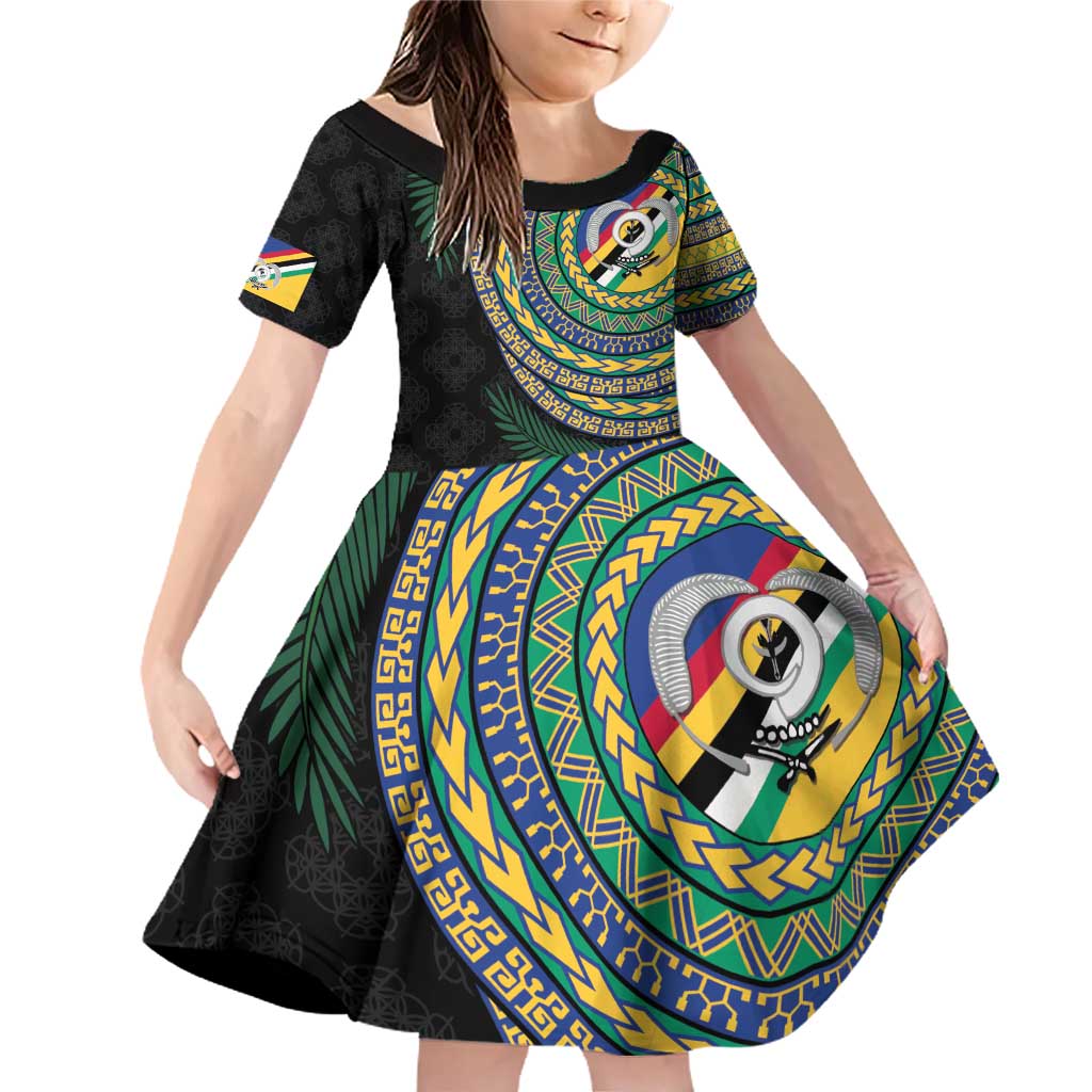 Torba Tribal Tattoo with Namele Leaves Family Matching Off Shoulder Short Dress and Hawaiian Shirt LT03 Daughter's Dress Black - Polynesian Pride