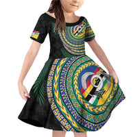 Torba Tribal Tattoo with Namele Leaves Family Matching Off Shoulder Short Dress and Hawaiian Shirt LT03 Daughter's Dress Black - Polynesian Pride