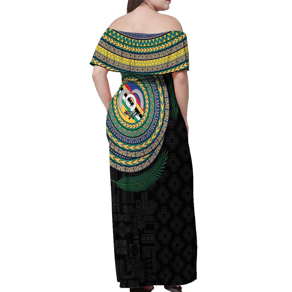 Torba Tribal Tattoo with Namele Leaves Off Shoulder Maxi Dress