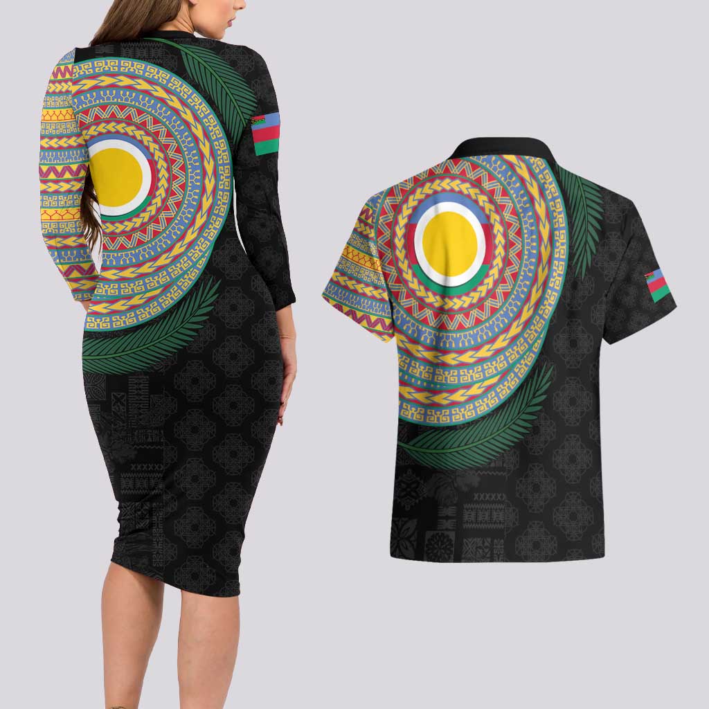 Shefa Tribal Tattoo with Namele Leaves Couples Matching Long Sleeve Bodycon Dress and Hawaiian Shirt