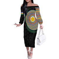 Shefa Tribal Tattoo with Namele Leaves Family Matching Off The Shoulder Long Sleeve Dress and Hawaiian Shirt LT03 Mom's Dress Black - Polynesian Pride