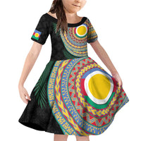 Shefa Tribal Tattoo with Namele Leaves Family Matching Off Shoulder Short Dress and Hawaiian Shirt LT03 Daughter's Dress Black - Polynesian Pride