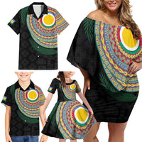 Shefa Tribal Tattoo with Namele Leaves Family Matching Off Shoulder Short Dress and Hawaiian Shirt LT03 - Polynesian Pride