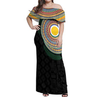 Shefa Tribal Tattoo with Namele Leaves Off Shoulder Maxi Dress