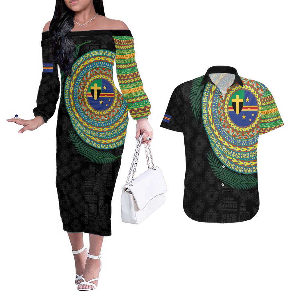 Tafea Tribal Tattoo with Namele Leaves Couples Matching Off The Shoulder Long Sleeve Dress and Hawaiian Shirt LT03 Black - Polynesian Pride