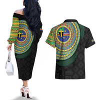 Tafea Tribal Tattoo with Namele Leaves Couples Matching Off The Shoulder Long Sleeve Dress and Hawaiian Shirt LT03 - Polynesian Pride