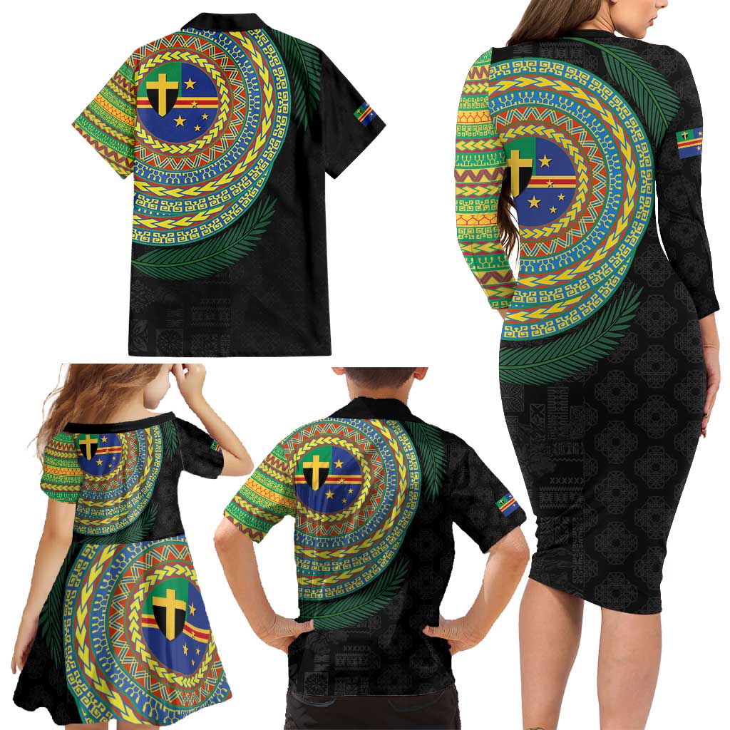 Tafea Tribal Tattoo with Namele Leaves Family Matching Long Sleeve Bodycon Dress and Hawaiian Shirt LT03 - Polynesian Pride