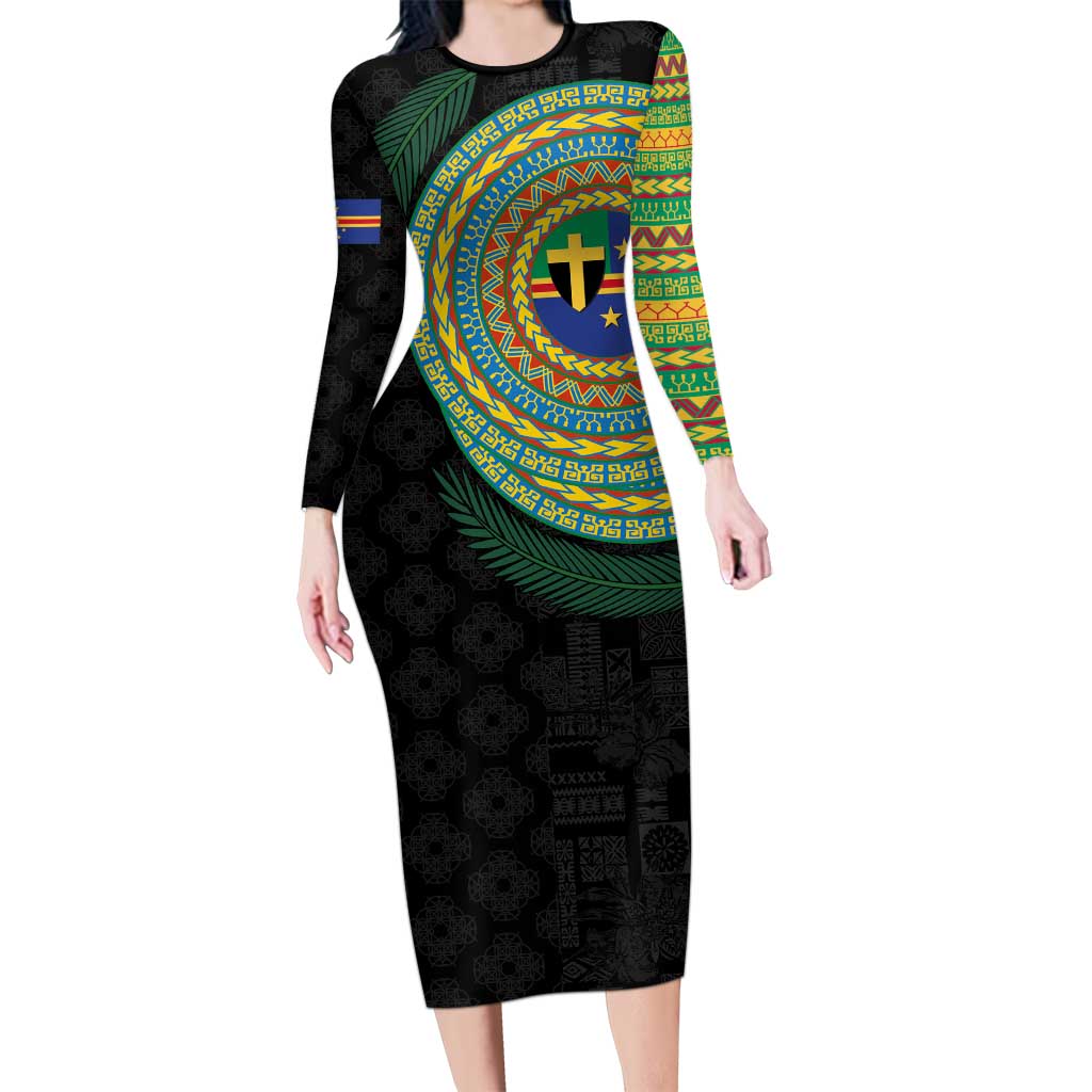 Tafea Tribal Tattoo with Namele Leaves Family Matching Long Sleeve Bodycon Dress and Hawaiian Shirt LT03 Mom's Dress Black - Polynesian Pride