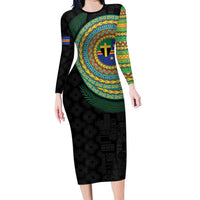 Tafea Tribal Tattoo with Namele Leaves Family Matching Long Sleeve Bodycon Dress and Hawaiian Shirt LT03 Mom's Dress Black - Polynesian Pride